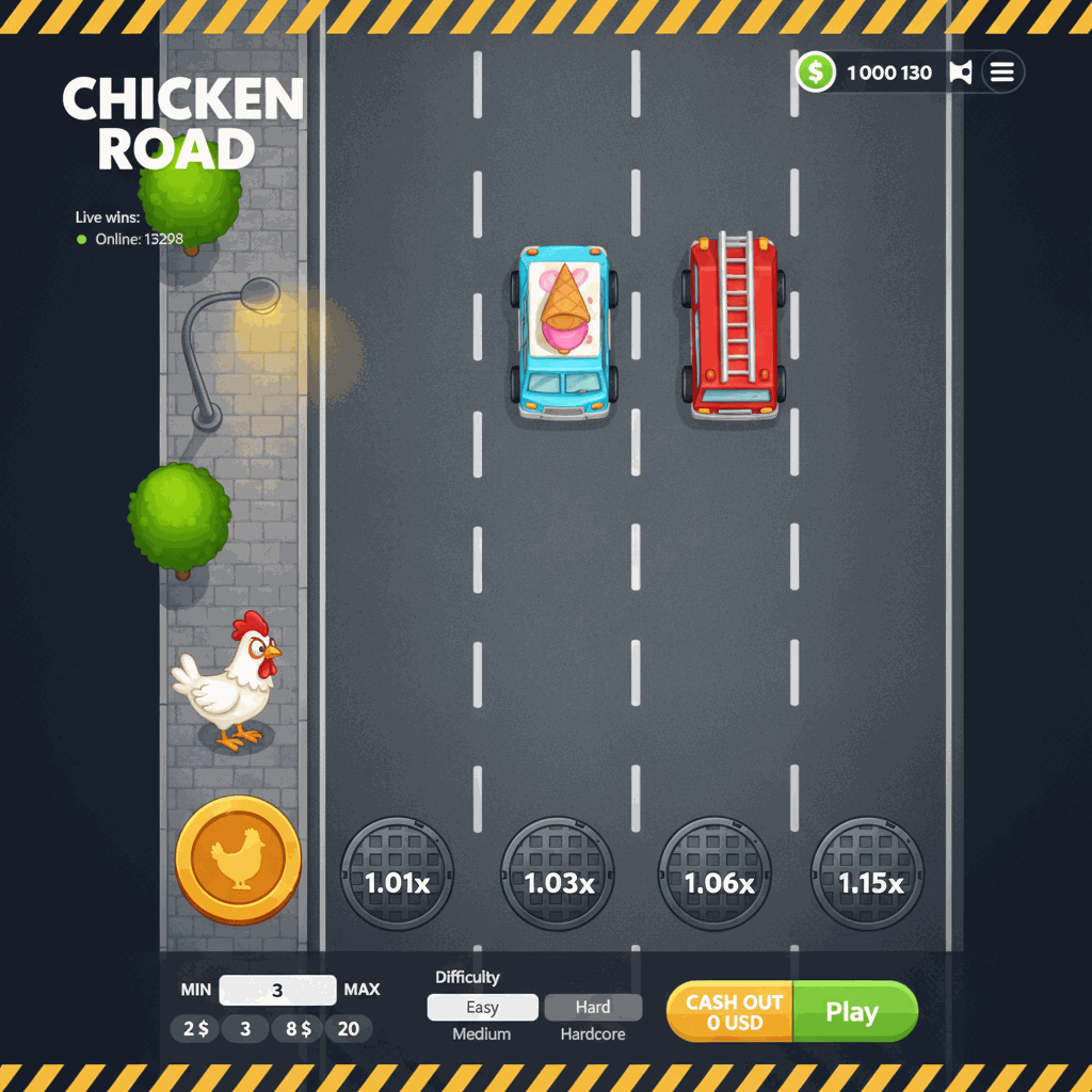 Chicken Road Crash-Spiel von InOut zeigt ein Huhn, das eine mehrspurige Straße mit Autos überquert, während der Multiplikator mit jeder erfolgreich überquerten Spur steigt