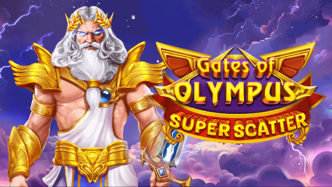 Gates of Olympus Super Scatter: Zeus mit goldener Rüstung über Wolken, im Hintergrund das 6x5 Walzenfeld mit Diamant, Feder und Super-Scatter-Symbol